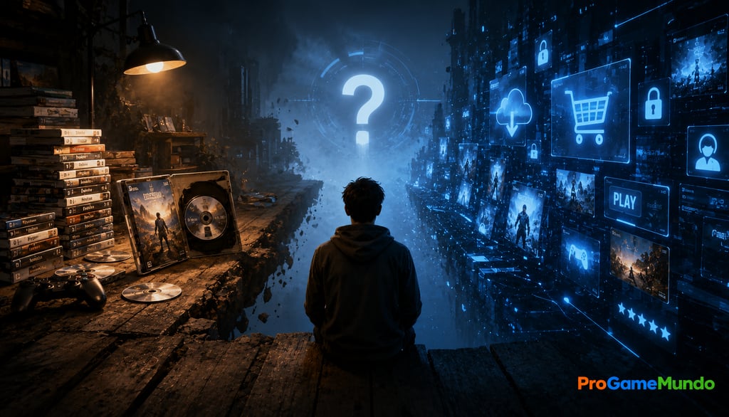 Jogador entre mídia física e universo digital de games.
