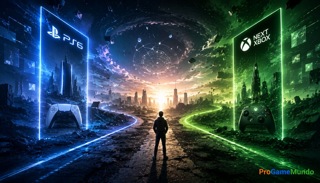 Jogador observa caminhos futuristas entre PS6 e novo Xbox.