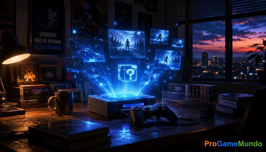 Console retrô projetando hologramas de jogos clássicos em mesa gamer.