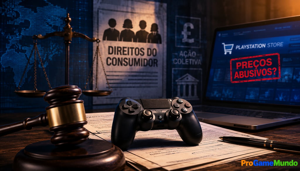 Controle de videogame ao lado de documentos legais e loja digital.