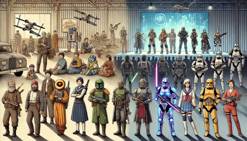 evolução do cosplay, com personagens representando diferentes décadas e eventos icônicos da cultura