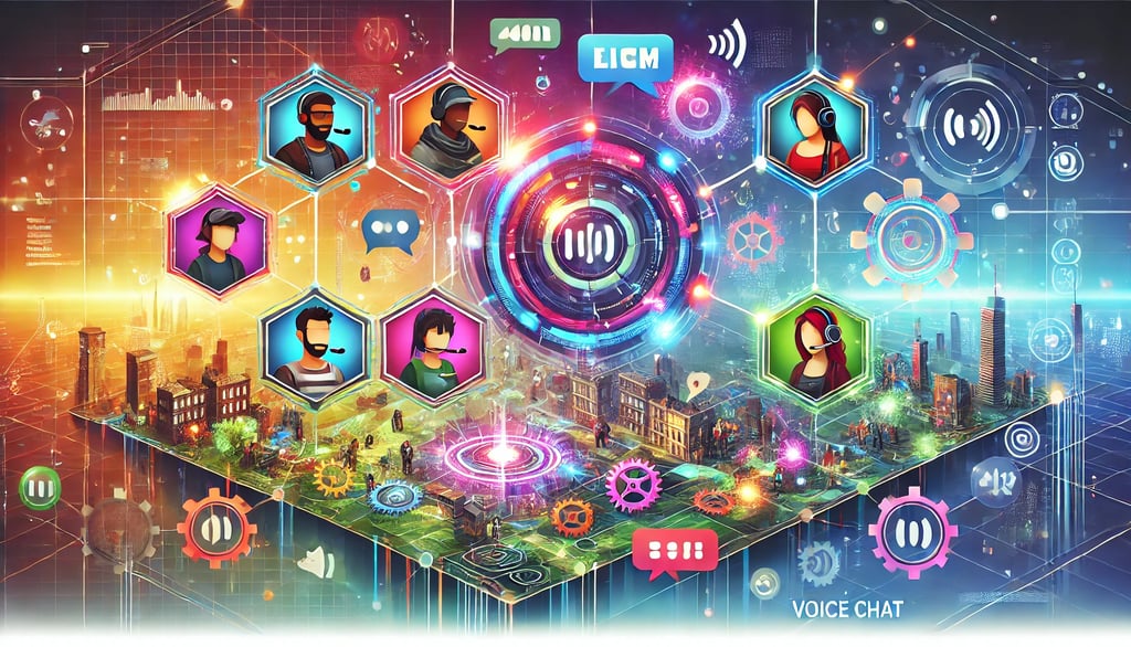 conexão entre jogadores em um jogo cooperativo, com símbolos de trabalho em equipe e tecnologia.