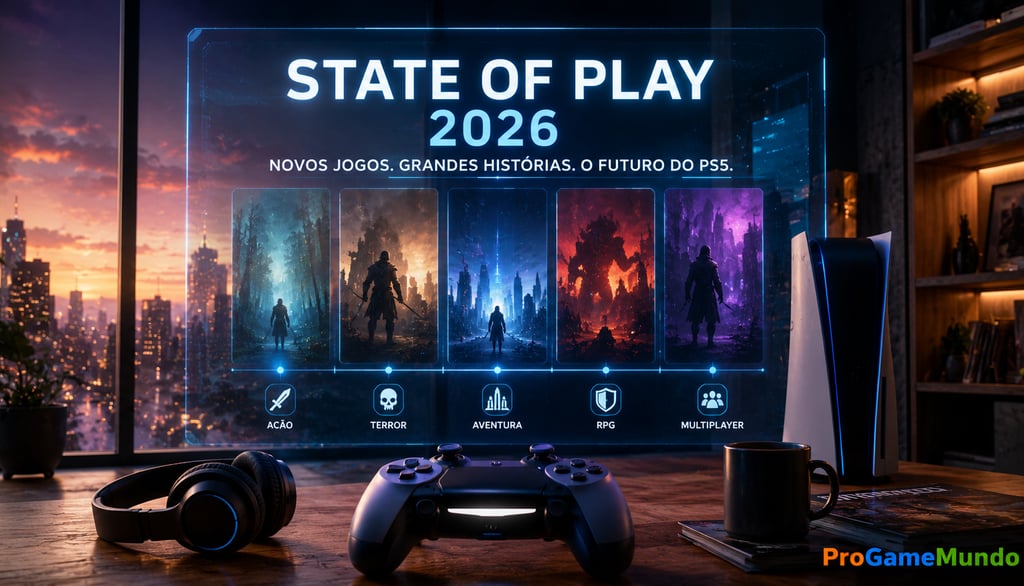 Tela holográfica do State of Play 2026 em ambiente gamer futurista.