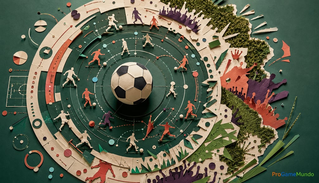 Bola cercada por jogadores, torcida e diagramas táticos em papel recortado.
