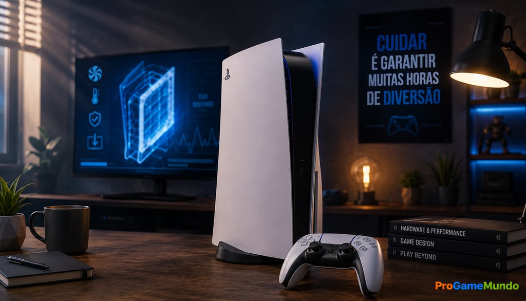 PS5 em mesa organizada com controle, iluminação azul e ambiente gamer limpo.