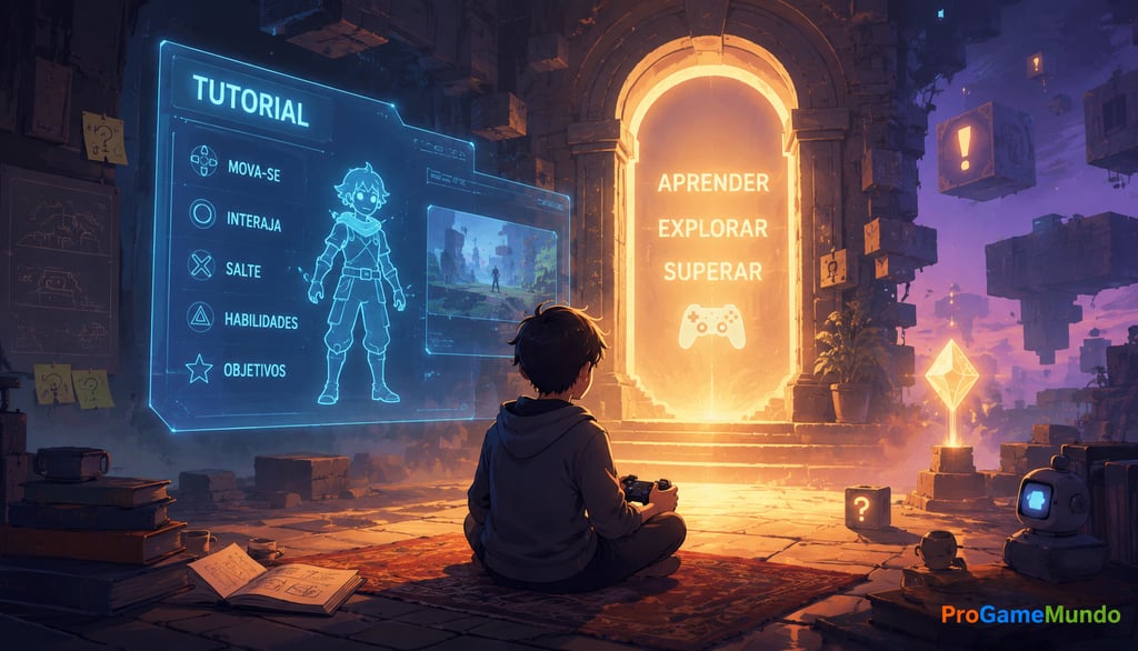 Mapa visual de aprendizado com controle, ícones e etapas de tutorial em games.