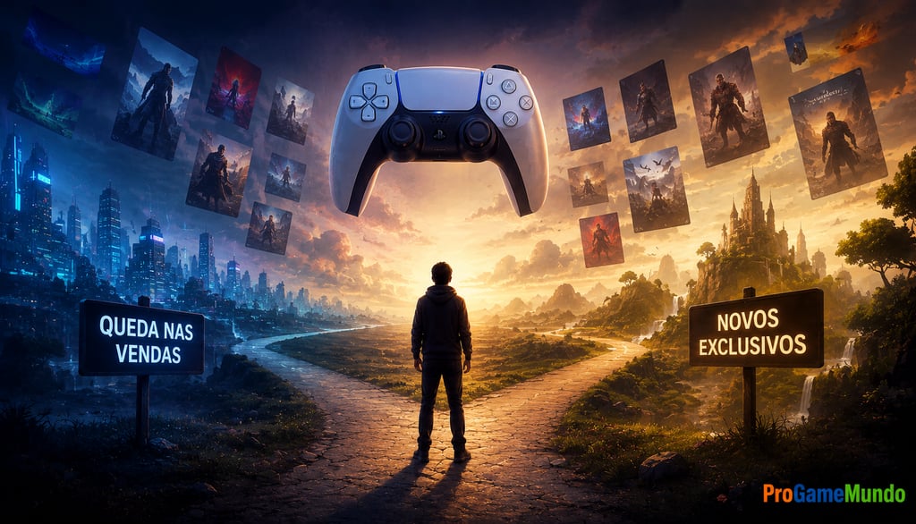 Controle e console diante de gráficos em queda e portal iluminado.