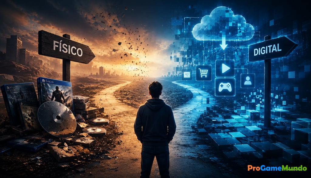 Homem diante de caminhos entre jogos físicos e biblioteca digital em nuvem.