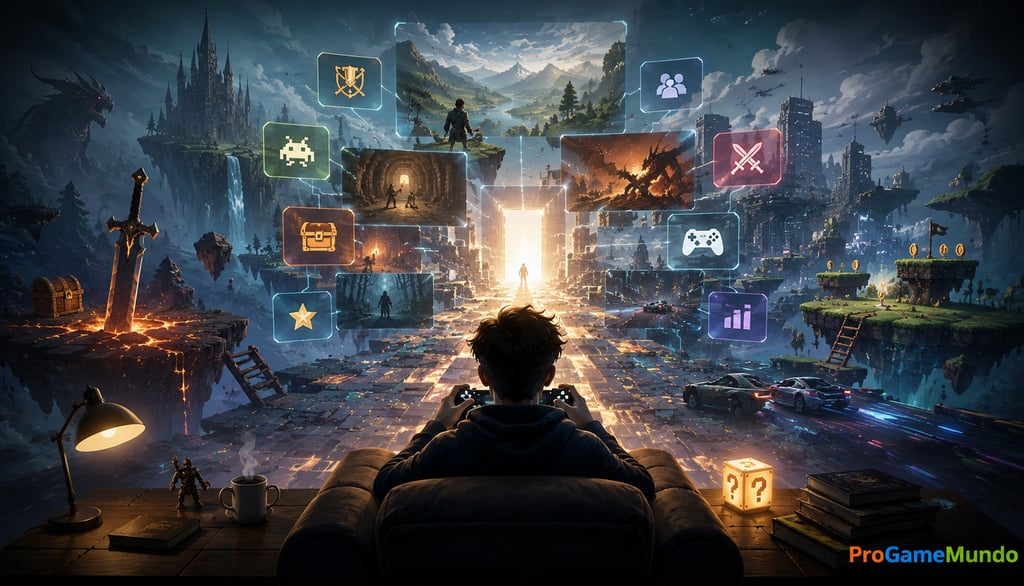 Jogador diante de portal com mundos e elementos de rejogabilidade nos games