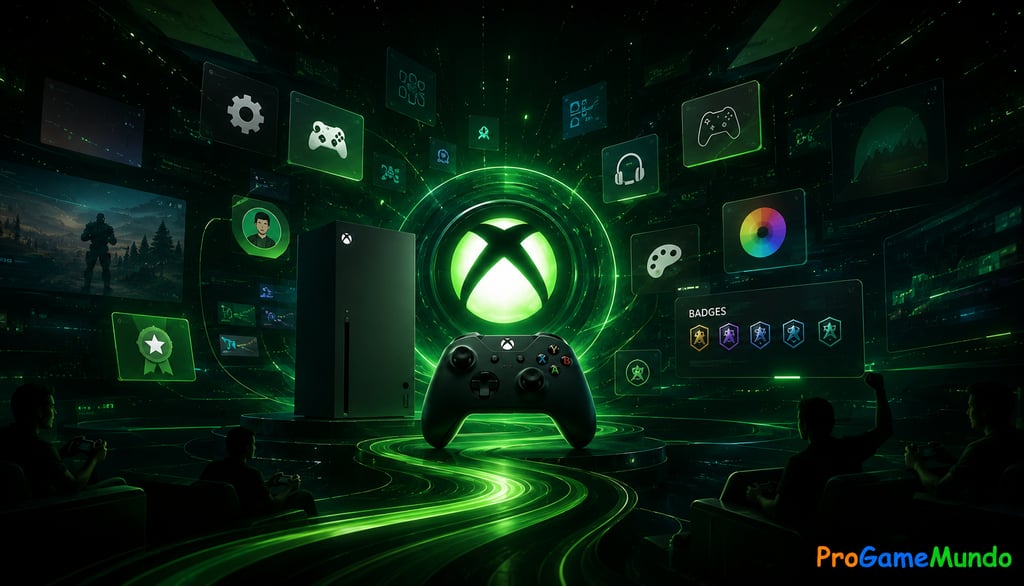 Interface futurista do Xbox com controle, badges e opções de personalização.