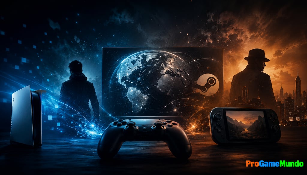 Controle, consoles e símbolos digitais em cenário gamer futurista.