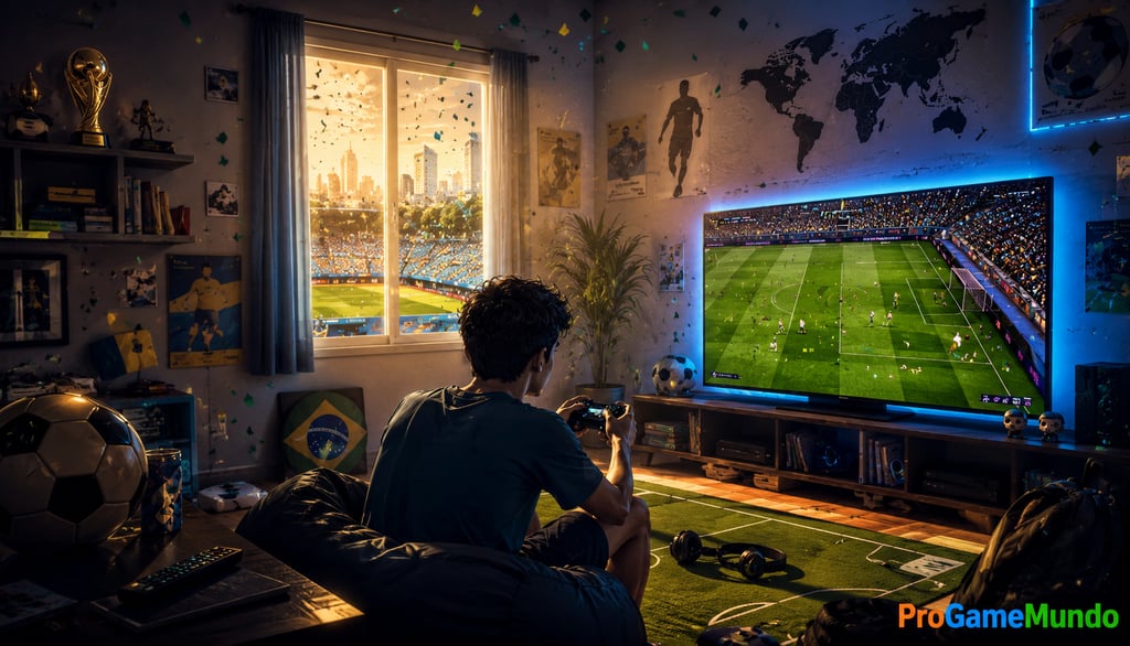 Jovem joga futebol virtual em sala decorada para a Copa do Mundo.