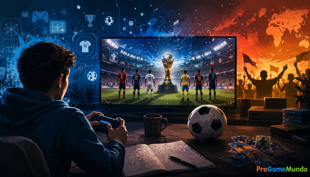 Jogador com controle assistindo jogo de futebol digital inspirado na Copa
