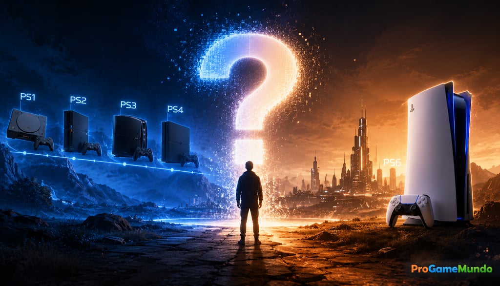 Linha do tempo PlayStation com PS6 e ponto de interrogação luminoso.