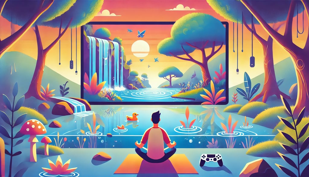 Representação de um jogador relaxando em um ambiente sereno, conectado a um mundo virtual tranquilo.