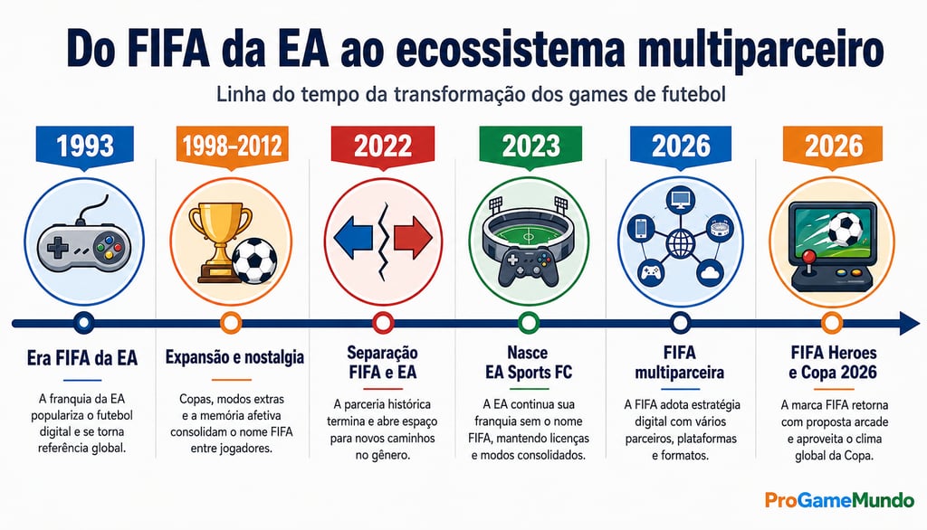 Linha do tempo da evolução dos games FIFA, EA Sports FC e FIFA Heroes