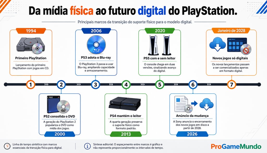 Linha do tempo do PlayStation, do CD em 1994 aos jogos digitais em 2028.