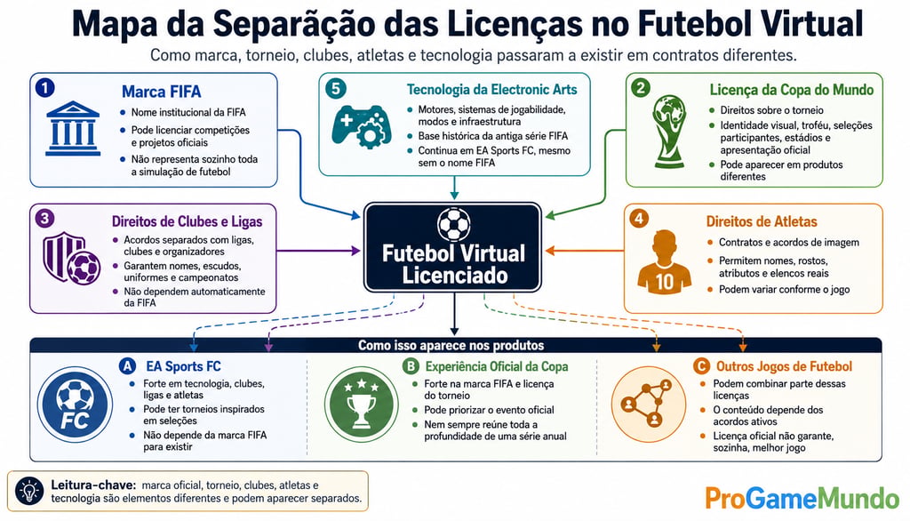 Mapa mostra a divisão entre FIFA, Copa, clubes, atletas e tecnologia da EA.