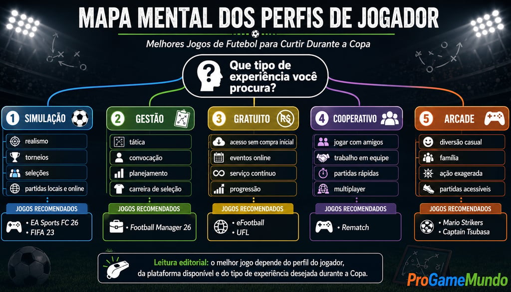 Mapa mental compara perfis de jogador e tipos de jogos de futebol para a Copa.