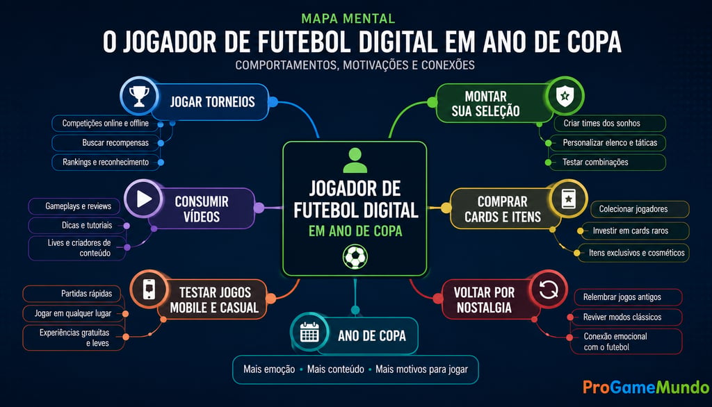 Mapa mental sobre jogador de futebol digital em ano de Copa