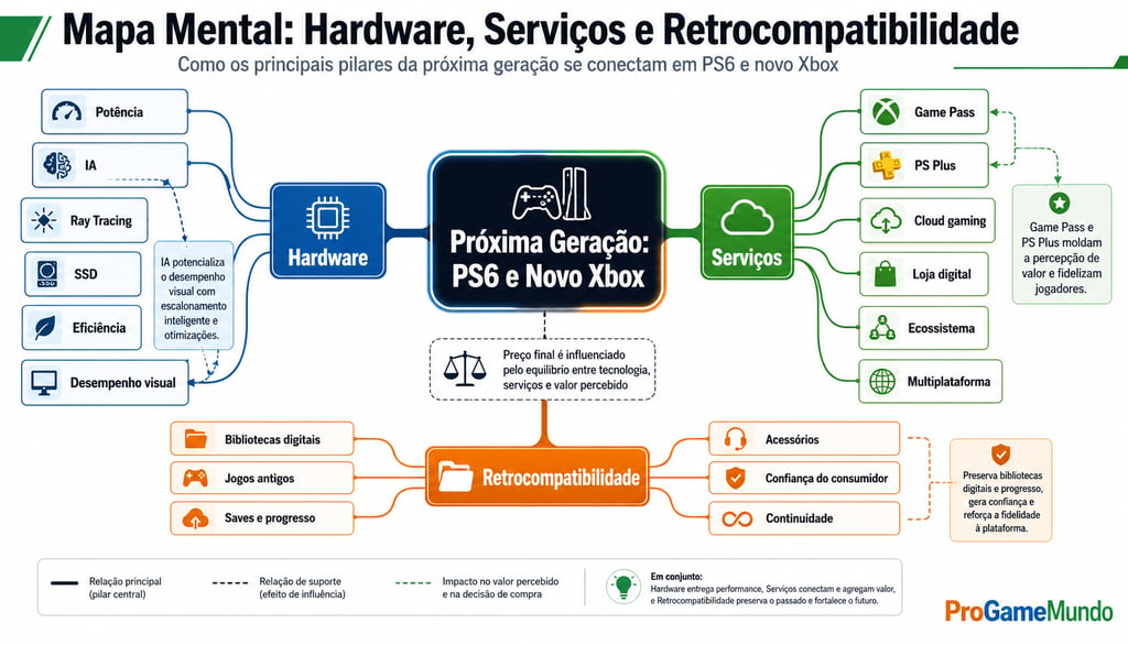 Mapa mental conecta hardware, serviços e retrocompatibilidade.