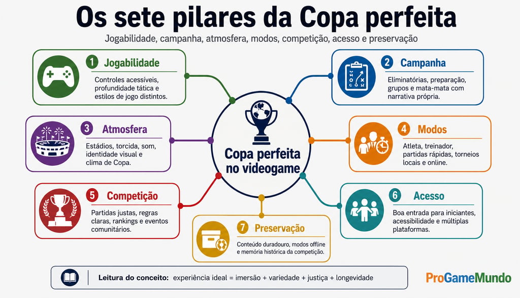 Mapa mental com sete pilares da Copa perfeita nos videogames