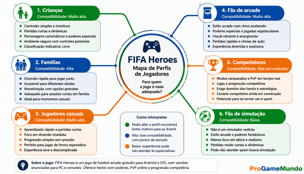 Perfis de jogadores e compatibilidade com FIFA Heroes em seis categorias.