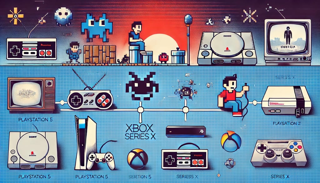 consoles retrô, personagens pixelados, PS5 e Xbox Series X, conectados por uma linha do tempo