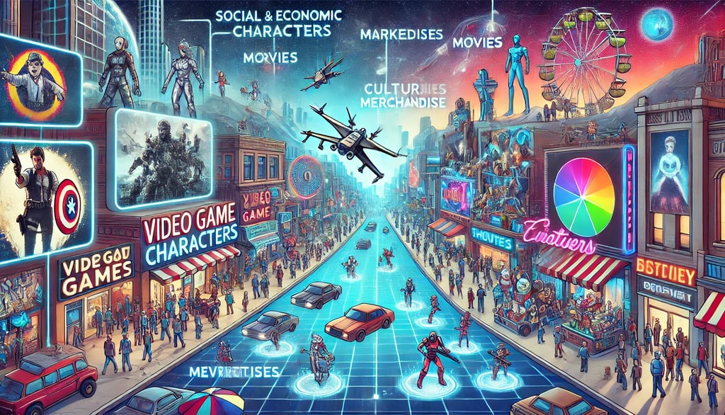 Personagens fictícios de videogames aparecem como marcas em painéis publicitários, vitrines de lojas