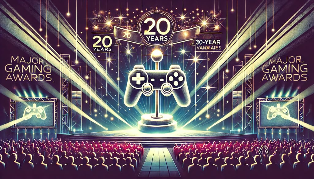 Palco iluminado com troféu em formato de joystick, banners comemorativos e uma placa vibrante.