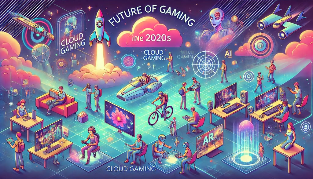 futuro dos jogos na década de 2020, com metaverso, cloud gaming e hologramas AR em destaque.