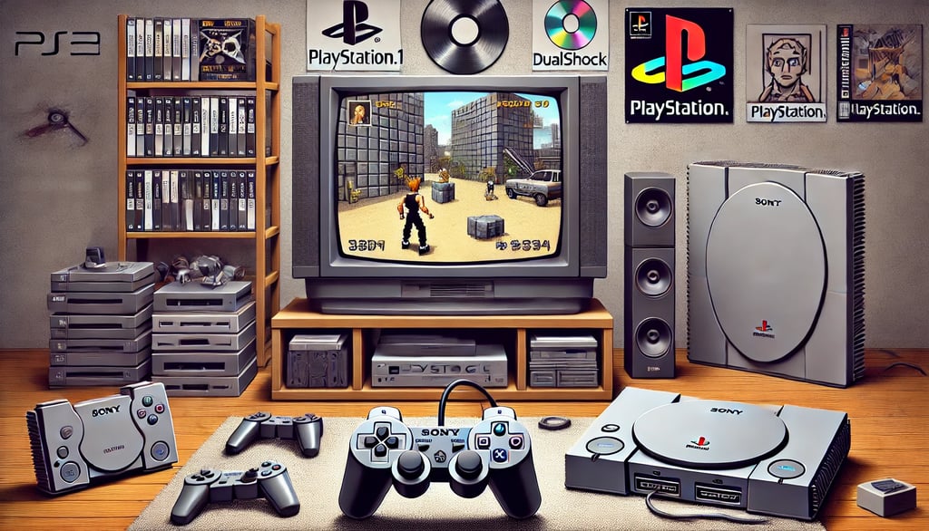 Sala dos anos 1990 com PlayStation 1, TV exibindo gráficos 3D genéricos