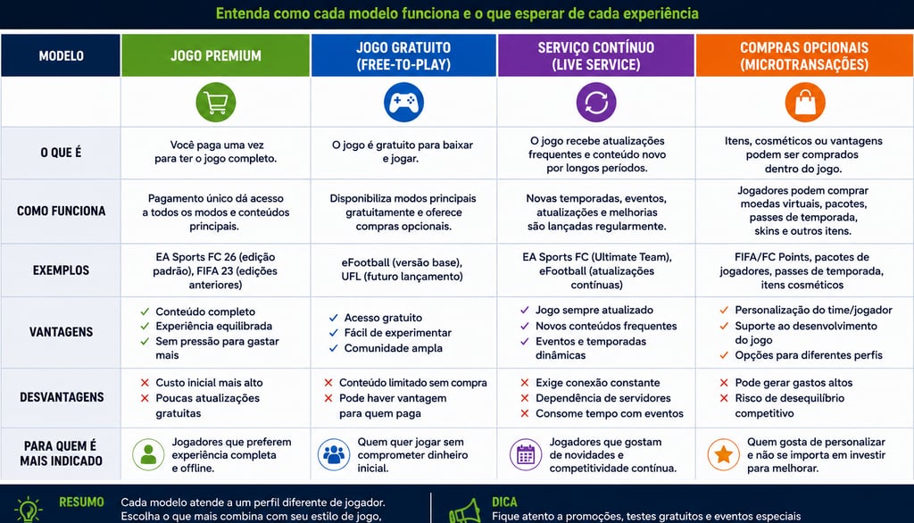 Quadro compara jogos premium, gratuitos, serviços contínuos e microtransações.