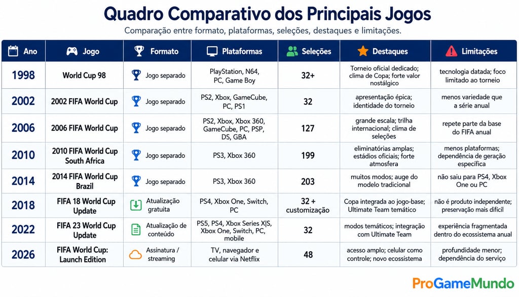 Tabela compara jogos oficiais da Copa entre 1998 e 2026.