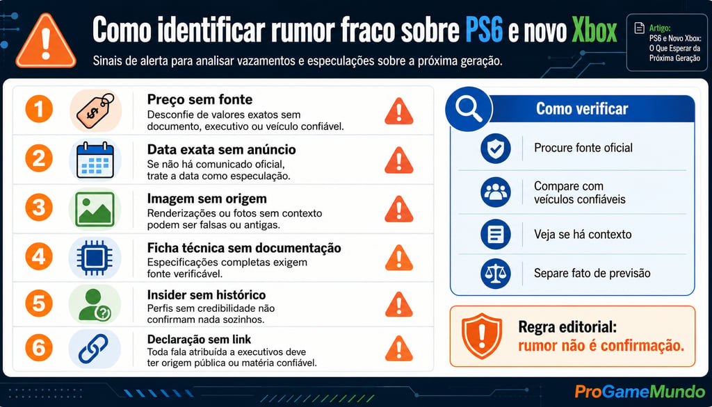 Quadro mostra sinais de rumor fraco sobre PS6 e novo Xbox.
