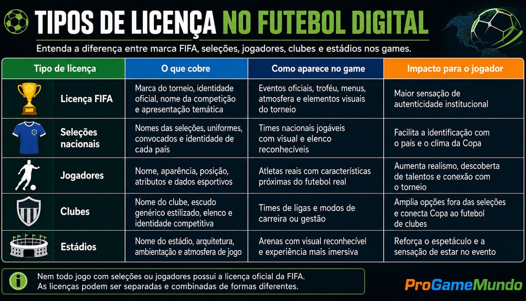 Quadro compara licenças da FIFA, seleções, jogadores, clubes e estádios.
