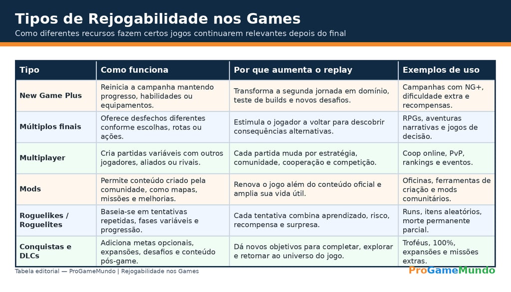 Tabela com tipos de rejogabilidade nos games