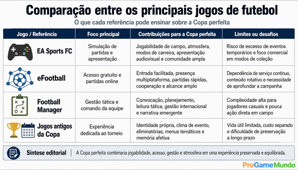 Tabela compara EA Sports FC, eFootball, Football Manager e jogos antigos da Copa