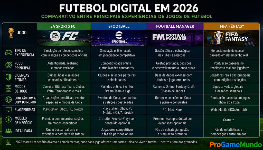Tabela compara EA Sports FC, eFootball, Football Manager e FIFA Fantasy em 2026.