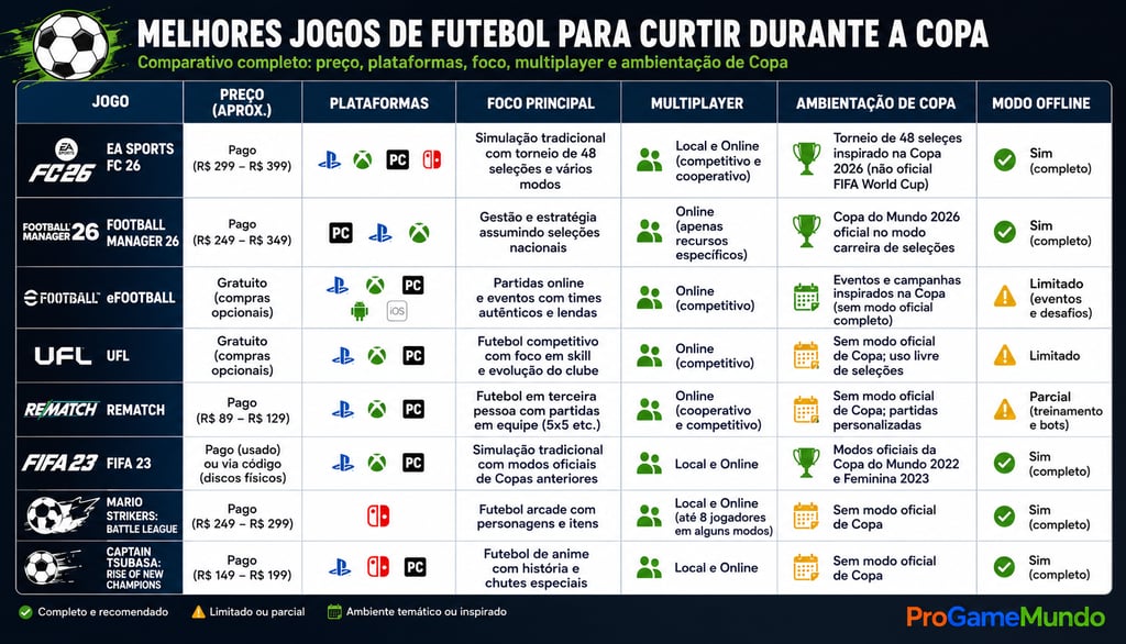Tabela compara preço, plataformas e modos de oito jogos de futebol.