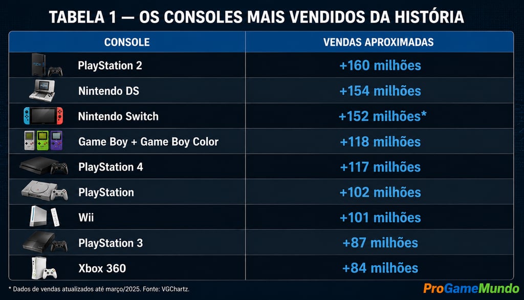 Tabela com os consoles mais vendidos da história e suas vendas aproximadas