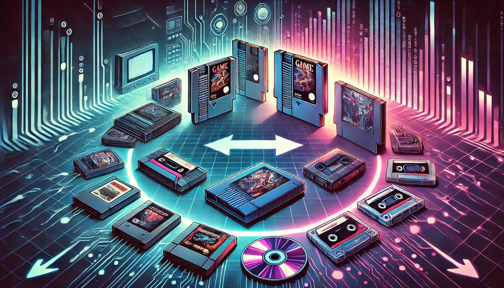 Evolução dos jogos, mostrando a transição de mídias antigas para o digital, com um visual cyberpunk.
