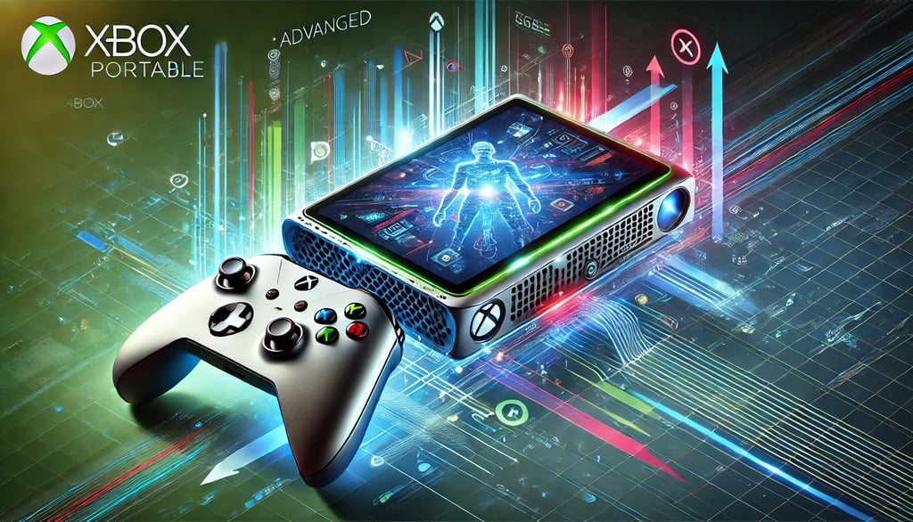 Representação do Xbox portátil com tela brilhante e interface de jogo detalhada.
