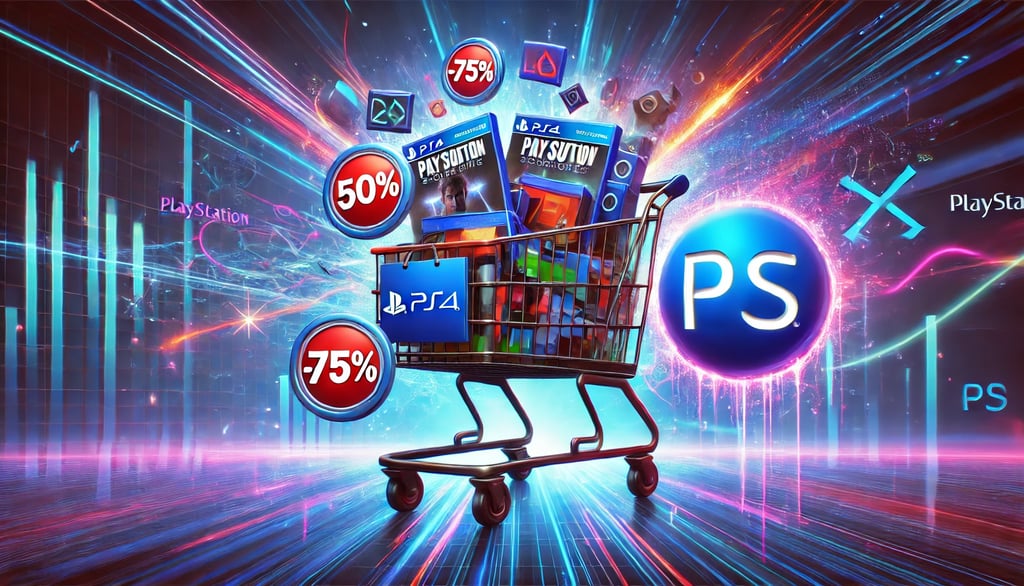 Mostra um carrinho de compras repleto de jogos e ofertas, destacando a ideia de economia e oportunid