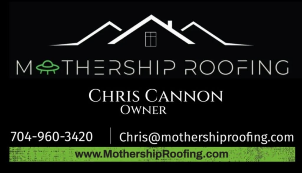 Mothership Roofing business card with owner name and contact info