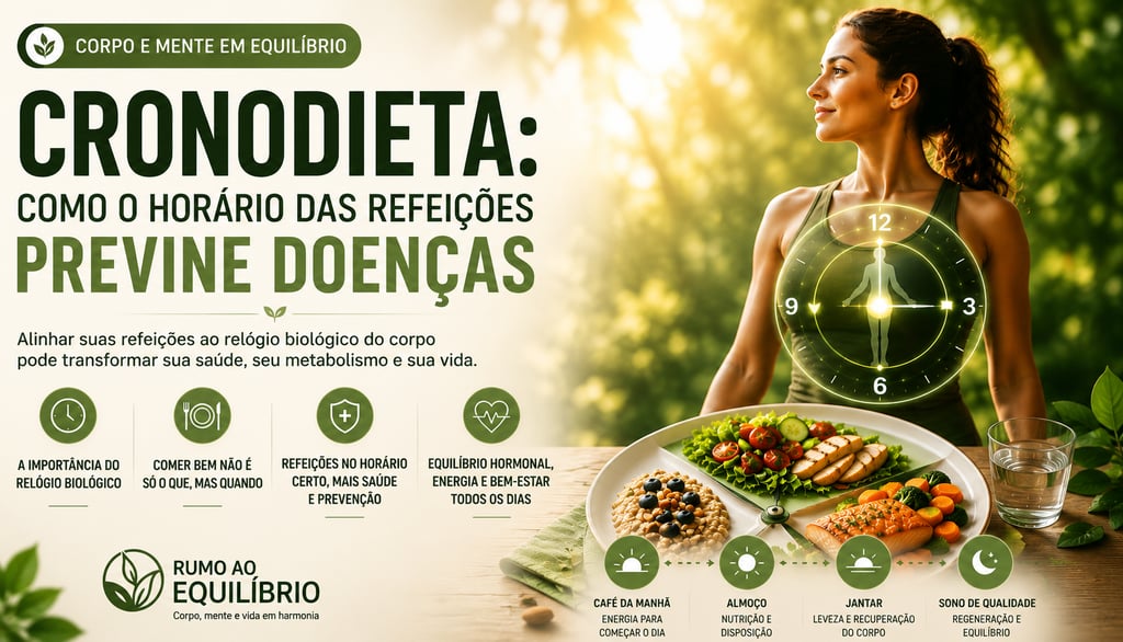 "Ilustração sobre cronodieta mostrando como o horário das refeições e o relógio biológico influencia