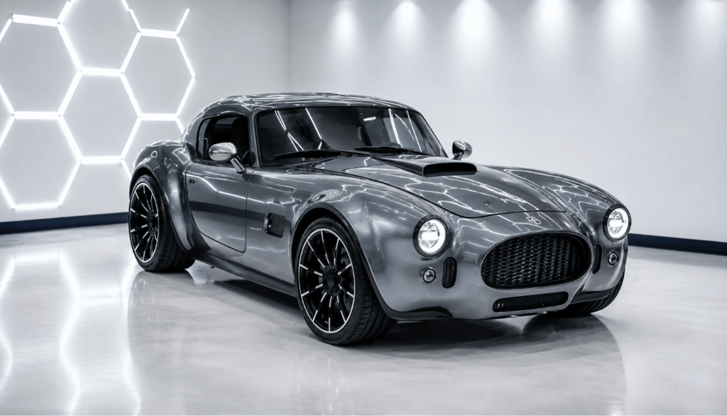 Novo AC Cobra GT Coupe com motor V8 de 720 cv em showroom moderno e iluminação premium
