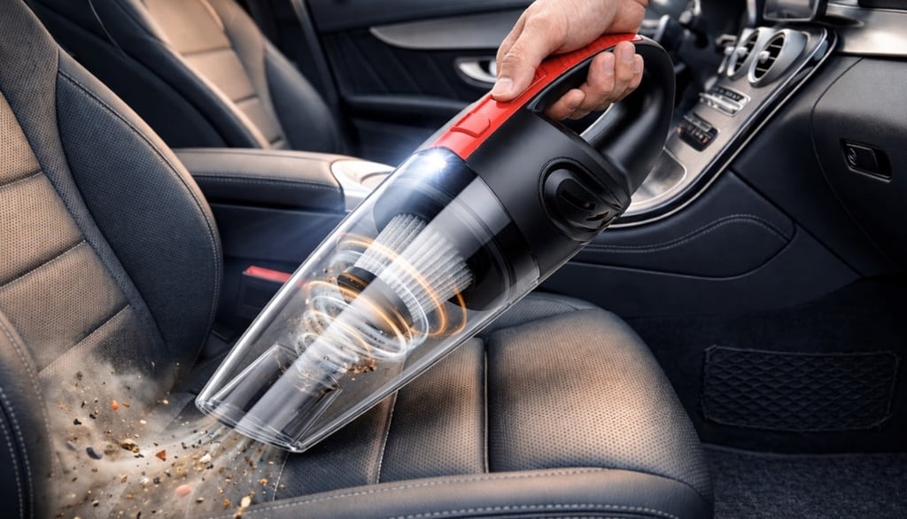 Aspirador portátil sem fio limpando banco de carro com alta sucção potente e uso automotivo
