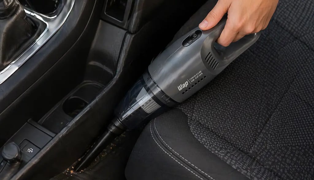 Aspirador automotivo WAP 180W sendo usado para limpar cantos difíceis entre banco e console do carro