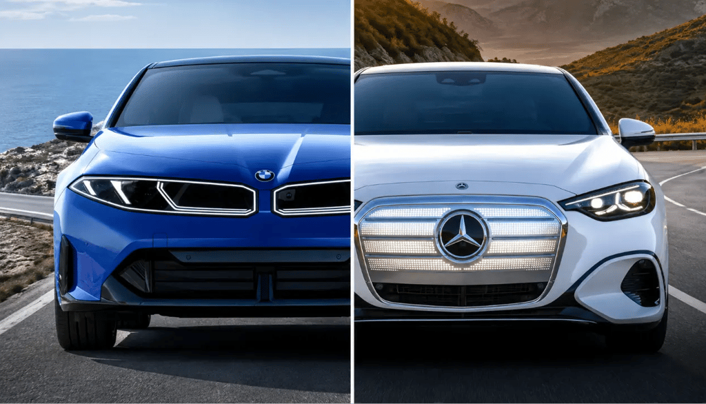 Comparativo frontal entre BMW i3 azul e Mercedes Classe C elétrico branco em estrada panorâmica